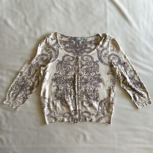 Unity World Wear White & Gray Abstract Print Button Front Cardigan Sz M Grunge